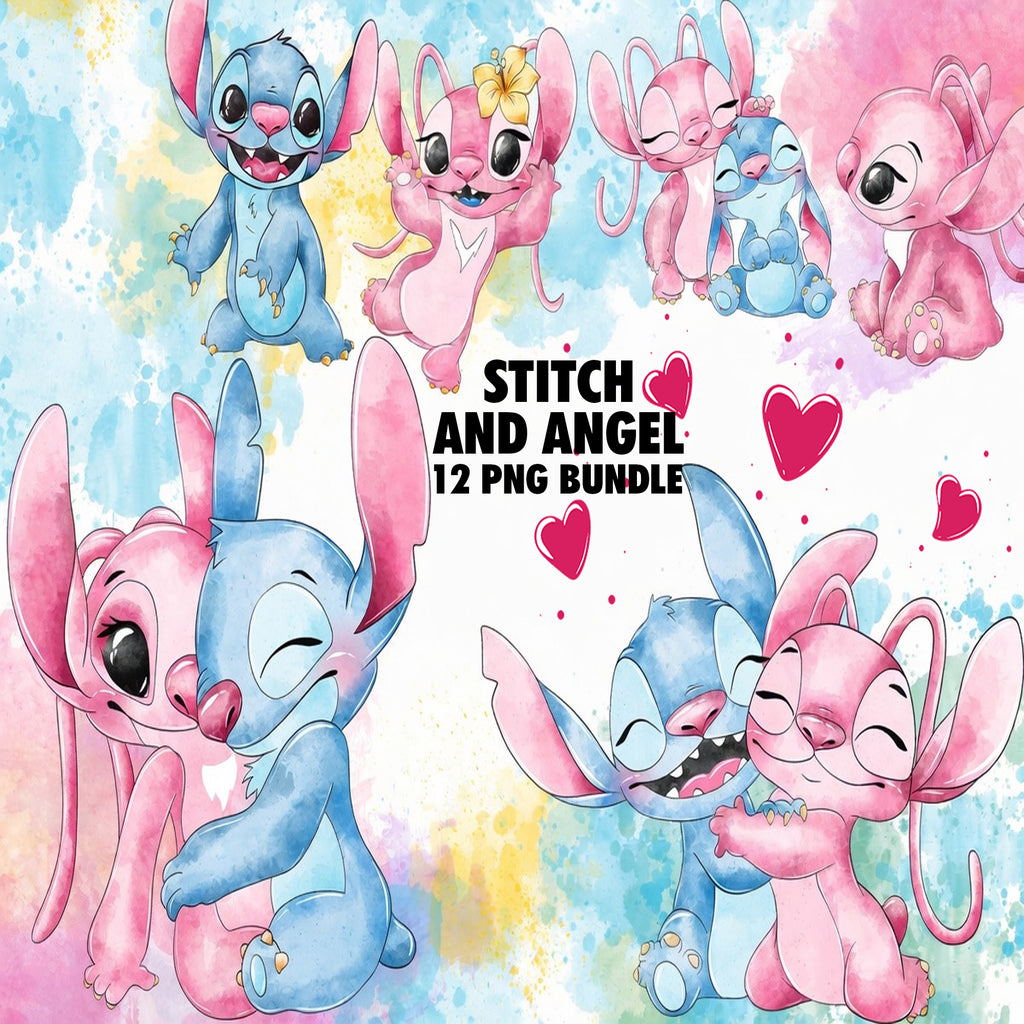 Stitch And Angel Watercolor Clipart PNG Bundle