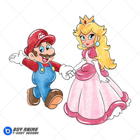 Super Mario and Princess Peach Watercolor Clipart PNG Hand Drawn Illustration