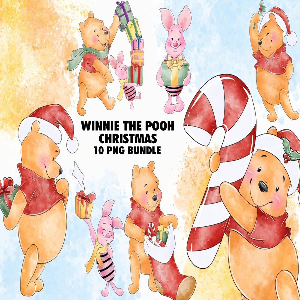 Winnie The Pooh Christmas Watercolor Clipart PNG Bundle #2